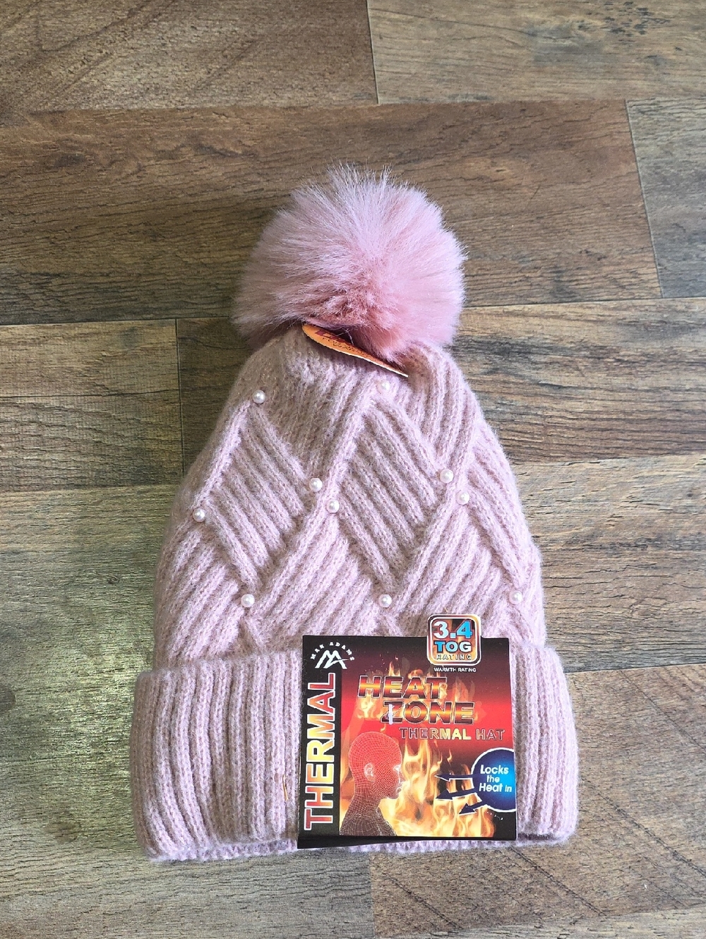 Blush Pink Pearl Pom Pom Thermal Beanie Hat